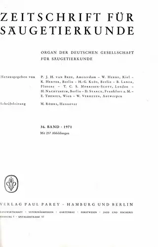 Zeitschrift f?r S?ugetierkunde. Organ der Deutschen Gesellschaft f?r S?ugetierkunde. Vol. 36 (1-6) (Beitr?ge u.a.: Untersuchungen zur Haarf?rbung bei Vampirflederm?usen, Das Aktivit?tsmuster des Rotfuches, Die Gemsen Neuseelands, Jungentransport in den Ba