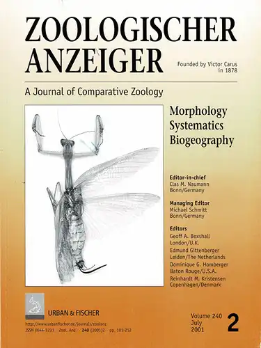 Zoologischer Anzeiger. A Journal of Comparative Zoology. 2. Volume 240. July 2001. 