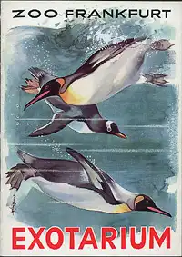 Wegweiser Exotarium (tauchende gemalte Königspinguine). 