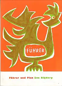 Zooführer (Zeichnung abstrakter Hahn, roter Hintergrund). 