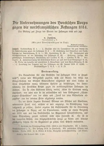 Die Unternehmungen des Yorckschen Korps gegen die nordfranz?sischen Festungen 1814. Ein Beitrag zur Frage des Wertes der Festungen einst und jetzt. [Einzelartikel aus dem Beiheft zum Milit?rischen Wochenblatt, 1. Heft, Jg. 1903]. 