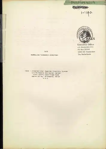 Mammalian Taxonomic Directory. 