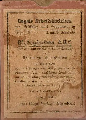 Biologisches ABC (f?r den Unterricht in Lebenskunde). Bagels Arbeitsk?rtchen zur Pr?fung und Wiederholung, Ausgabe B - 5. und 6. Schuljahr. 60 K?rtchen mit je 6 Fragen und Antworten aus der Pflanzen-, Tier- u. Menschenkunde zur Wiederholung u. Befestigung