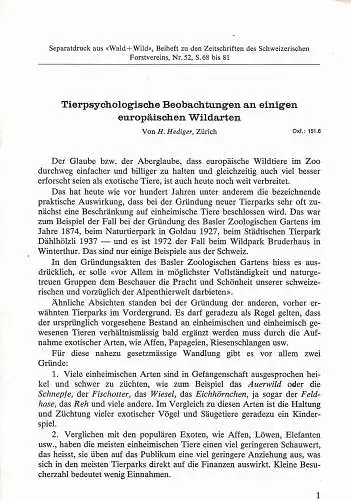 Tierpsychologische Beobachtungen an einigen europäischen Wildarten (Seperatdruck aus Wald+Wild). 