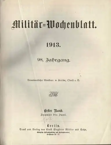 Milit„r-Wochenblatt 98. Jahrgang, Nr. 42 (1. April) - Nr. 85 (28. Juni). 