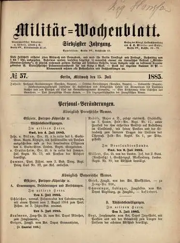 Milit?r-Wochenblatt 70. Jahrgang, Nr. 57 (15. Juli) - Nr. 104 (31. Dezember). 