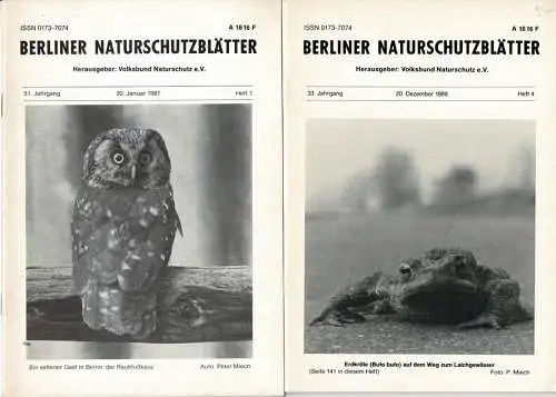 Berliner Naturschutzblätter. Konvolut: 2 x 31. Jg (1987'), Heft 1, 2 x 31. Jg. (1987), Heft 2, 31. Jg. (1987), Heft 4, 32. Jg. (1988), Heft 1, 33. Jg. (1989), Heft 3, 33. Jg. (1989), Heft 4. 