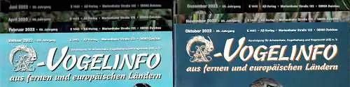 AZ-Vogelinfo. (AZ Nachrichten). Vereinigung f?r Artenschutz, Vogelhaltung und Vogelzucht (AZ) e.V. 70. Jahrgang, Hefte: Jan., Feb., M?r., Apr., Mai, Juni, Juli, Aug., Sep., Okt., je 4 Euro. 