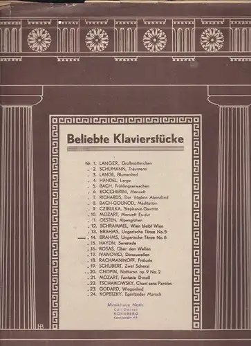 Brahms, Johannes: Beliebte Klavierstücke, Ungarische Tanz Nr. 6. 