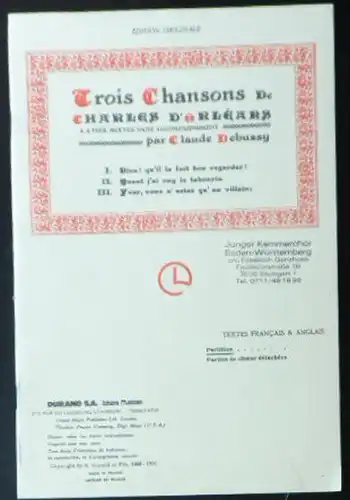 D'Orleans, Charles (Text) & Debussy, Claude (Musik): Trois Chansons de Charles D'Orleans par Claude Debussy (Textes Francais & Anglais). 