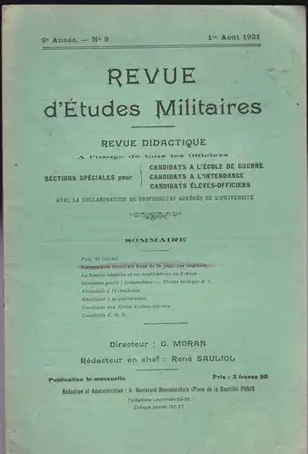 Sauliol, Rene (Ed.): Revue d'Etudes Militaires, Revue Didactique, 9 e Annee, No. 9, 1 Aout 1921. 