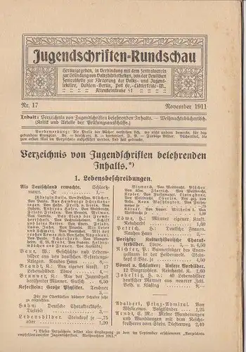 Seeberg, D R (Ed.): Jugendschriften Rundschau Nr. 17, Novembrt 1911, Verzeichnis von Jugendschrift belehrenden Inhalts. 