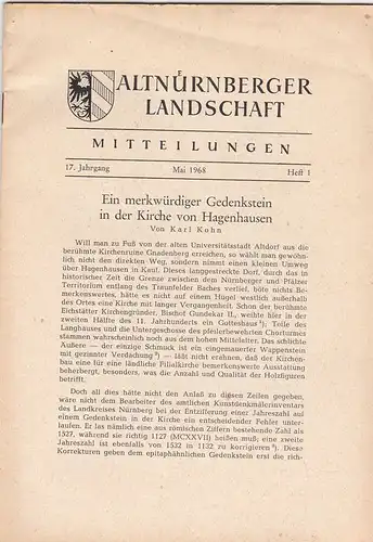 Altnürnberger Landschaft e. V. Mitteilungen Mai 1968, 17. Jahrgang Heft 1. 