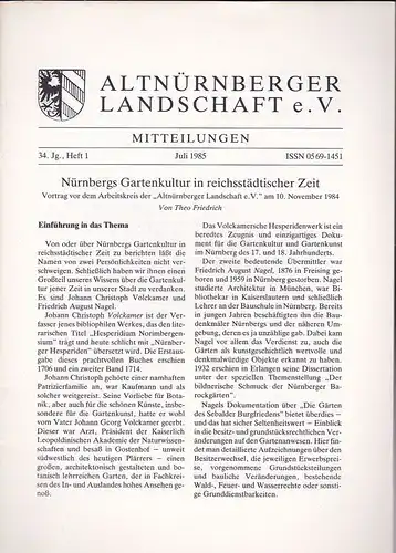 Altnürnberger Landschaft e. V. Mitteilungen Juli 1985, 34. Jahrgang Heft 1. 