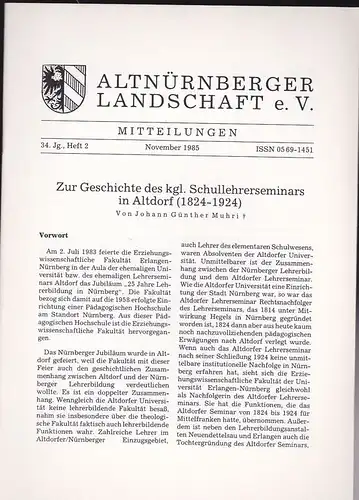 Altnürnberger Landschaft e. V. Mitteilungen November 1985, 34. Jahrgang Heft 2. 