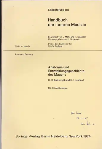 Kulenkampff, H & Leonhardt, Helmut: Anatomie und Entwicklungsgeschichte des Magens. 