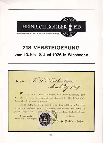 Heinrich Köhler Auktionshaus: Heinrich Köhler 218. Versteigerung vom 10. bis 12. Juni 1976 in Wiesbaden. 