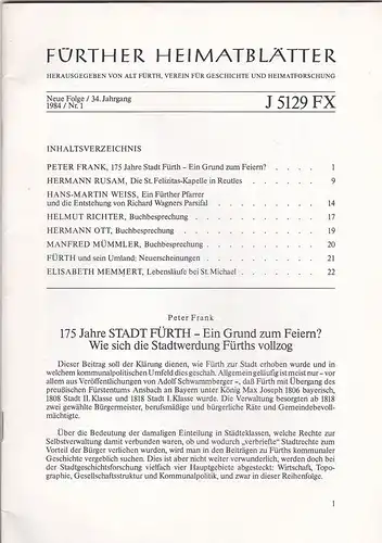 Verein für  Geschichte und Heimatforschung Alt-Fürth,(Hrsg.): Fürther Heimatblätter Neue Folgen / 34. Jahrgang, 1984 / Nr. 1. 