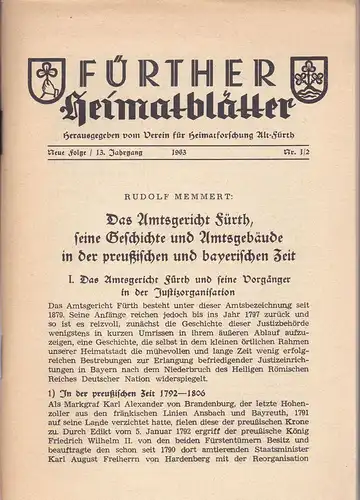 Fürther Heimatblätter Neue Folge / 13. Jahrgang, 1963 / Nr. 1/2