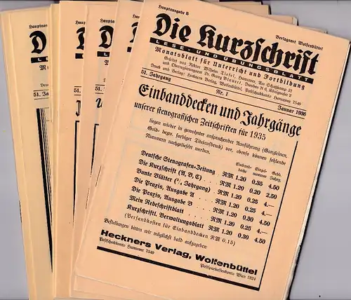 Tiefel, Wilhelm und Blauert, Georg (Schriftverwalter): Die Kurzschrift: Lese - und Übungsblatt. 51. Jahrgang, 1936,  12 Hefte (komplett). Hauptausgabe B. 