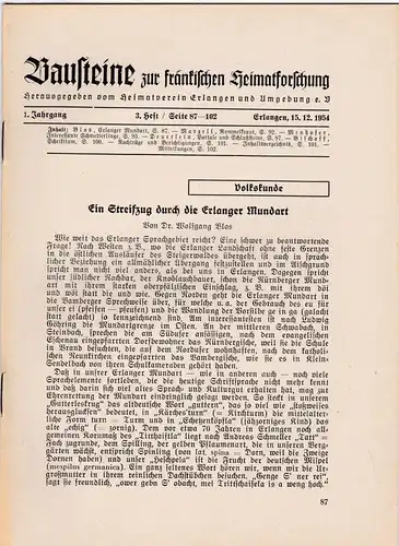 Heimatverein Erlangen  e.V. (Hrsg): Erlanger Bausteine zur fränkischen Heimatforschung 1. Jahrgang 3. Heft vom 15.12.1954. 