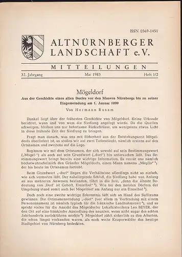 Altnürnberger Landschaft e. V. Mitteilungen Mai 1983, 32. Jahrgang Heft 1/2. 