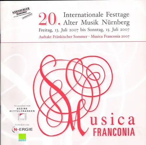 Bezirk Mittelfranken (Veranstalter): Programmheft: 20. Internationale Festtage Alter Musik Nürnberg.