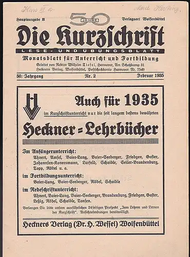 Tiefel, Wilhelm und Blauert, Georg (Schriftverwalter): Die Kurzschrift: Lese - und Übungsblatt  50. Jahrgang 1935: Nr.2. 