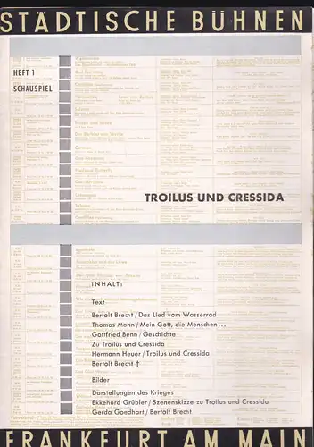 Städtische Bühnen Frankfurt am Main  (Hrsg.): Spielzeit 1956/57  Heft 1: Troilus und Cressida. 