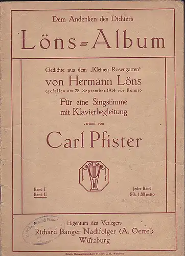 Pfister, Karl (Vertonung): Löns-Album: Für eine Singstimme mit Klavierbegleitung Band 2. 