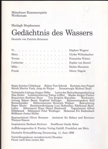 Münchner Kammerspiele, Werkraum  (Hrsg): Programmheft: Gedächtnis des Wassers - Shelagh Stephenson.