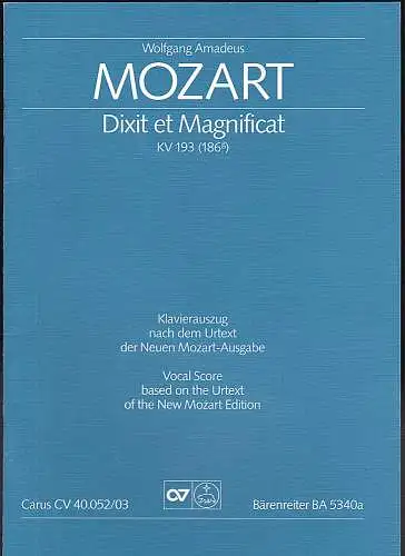 Mozart, Wolfgang Amadeus: Dixit et Magnificat KV 193 (186g). Klavierauszug. 