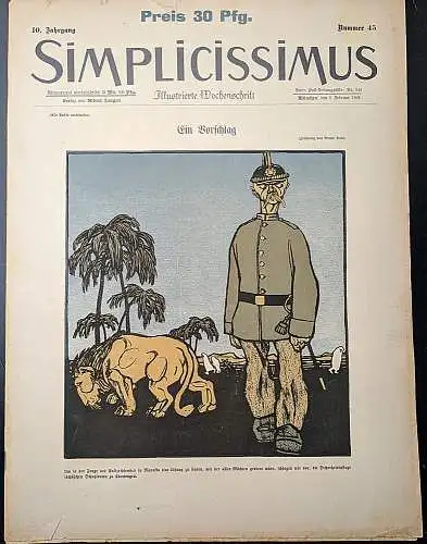 Gulbransson, Hans Kaspar und Haindl, Max (Redaktion): Zeitschrift: SIMPLICISSIMUS Illustrierte Wochenschrift  10. Jahrgang  Heft 45, 5.Februar 1906. 