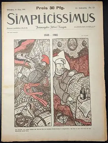 Gulbransson, Hans Kaspar und Haindl, Max (Redaktion): Zeitschrift: SIMPLICISSIMUS Illustrierte Wochenschrift  12. Jahrgang  Heft 53, 30. März 1908. 