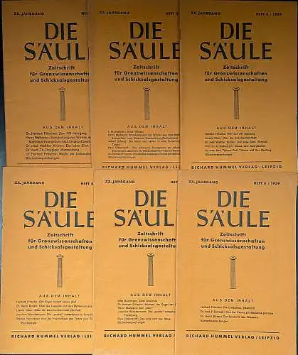 Richard Hummel Verlag (Hrsg): Die Säule.  Zeitschrift für Grenzwissenschaften und Schicksalsgestaltung. 20. Jahrgang 1939 komplett. (6 Hefte). Zeitschrift für geistige Lebensgestaltung. 