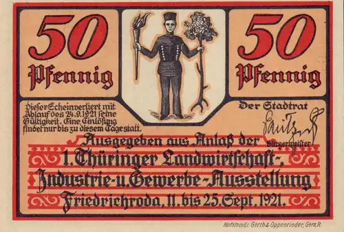 Notgeld der Stadt Friedrichroda in Thüringen. Vier Scheine à 50 Pfennig