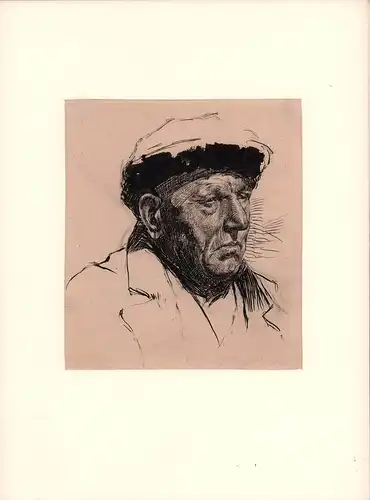 Mann mit Mütze. Portraitzeichnung nach Adolph Menzel. Schulterstück im Halbprofil nach rechts