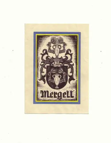 Exlibris Mergell. Dreifarbiger Holzstich, monogrammiert "F R" (senkrecht angeordnet)