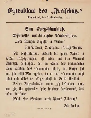 Extrablatt des "Freischütz", Sonnabend, den 3. September. Schlagzeile: "Vom Kriegsschauplatz. Officielle militairische Nachrichten". "Der Königin Augusta in Berlin". 