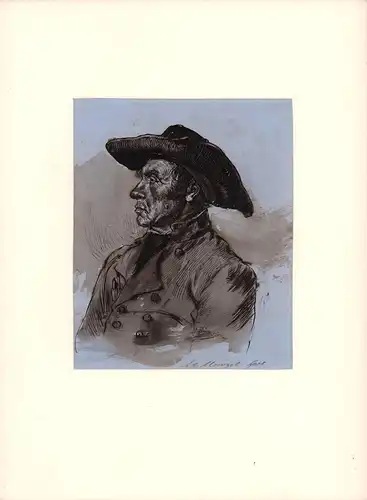 Mann mit breitrandigem Hut. Portrait. Tuschzeichnung nach Adolph Menzel. Bruststück nach links im Halbprofil