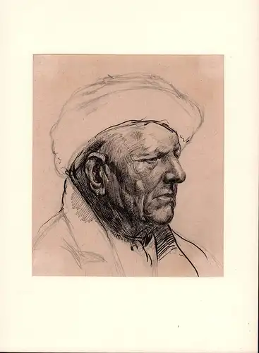 Mann mit Mütze. Portraitzeichnung nach Adolph Menzel. Schulterstück im Halbprofil
