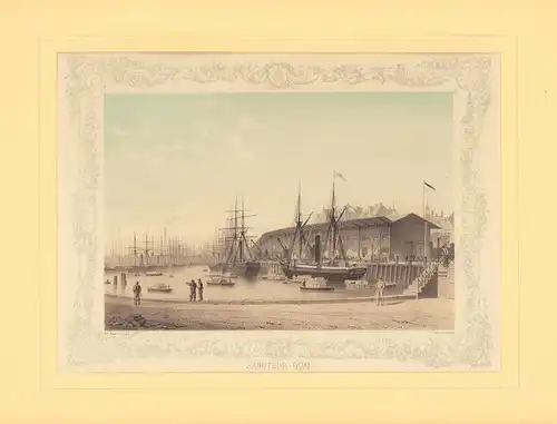 Sandthor-Quai. Getönte Lithographie mit ornamtentaler Bordüre von Wilhelm Heuer