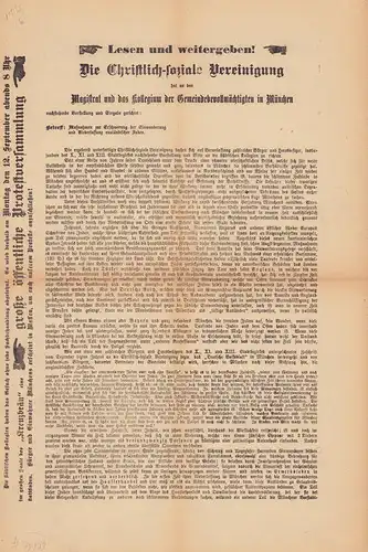 Maßnahmen zur Erschwerung der Einwanderung und Niederlassung ausländischer Juden. [Flugblatt] der "Christlich-sozialen Vereinigung". 