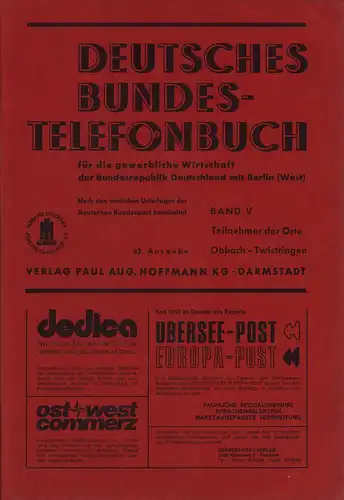 Deutsches Bundes-Telefonbuch für die gewerbliche Wirtschaft der Bundesrepublik Deutschland mit Berlin (West). (62.) AUSGABE 1975 / BAND 5 (von 6) apart : OBBACH - TWISTRINGEN...