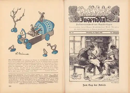 Jugendlust. Halbmonatsschrift mit Kunstbeilagen. JG. 63.  1937/1938, Nr. 1/1. Okt. 1937 - 24 / 16. Sept. 1938 (= komplett). Hrsg.: Abteilung Wirtschaft und Recht im NSLB/Bayer. Lehrerverein e.V. Geleitet von Georg Ostertag. 