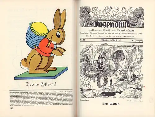 Jugendlust. Halbmonatsschrift mit Kunstbeilagen. JG. 62.  1936/1937, Nr. 1/2 / 1./16. Okt. 1936 - 24 / 16. Sept. 1937 (= komplett). Hrsg.: Abteilung Wirtschaft und Recht im NSLB/Bayer. Lehrerverein e.V. Geleitet von Georg Ostertag. 