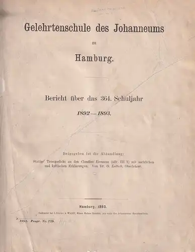 Gelehrtenschule des Johanneums zu Hamburg. Konvolut von Berichten über das 364. - 372. (Schuljahre 1892-1901) in 1 Band. 