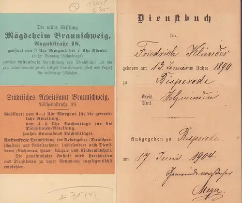 Dienstbuch für Friedrich Klünder geboren am 13. Januar im Jahre 1890 zu Bisperode Kreis/Amt Holzminden. Ausgegeben zur Bisperode am 17.  Juni 1904. 