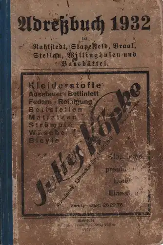 Adressbuch für Rahlstedt, Stapelfeld, Braak, Stellau, Willinghusen und Barsbüttel. für das Jahr 1932. 