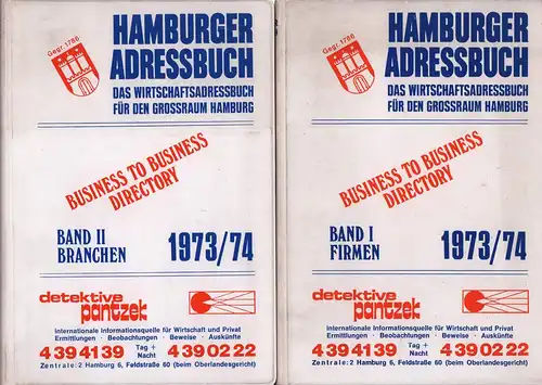 Hamburger Adreßbuch. Das Wirtschaftsadreßbuch für den Großraum Hamburg. Firmen, Behörden u. Organisationen mit Hamburger Branchen-Adreßbuch. 1973/74.  2 Bde. 